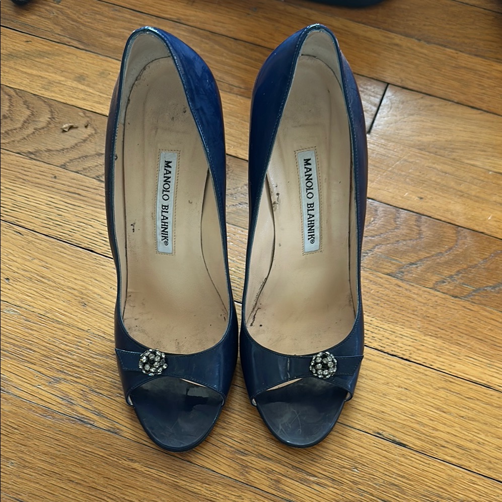 Manolo Blahnik Navy Patten Leather Peep-Toe Heels